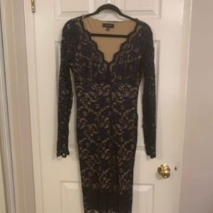Karen Kane form fitting navy lace dress.